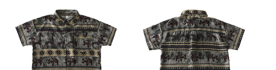 Boy safari animal-print short-sleeve shirt shown front and back in earthy olive tones.