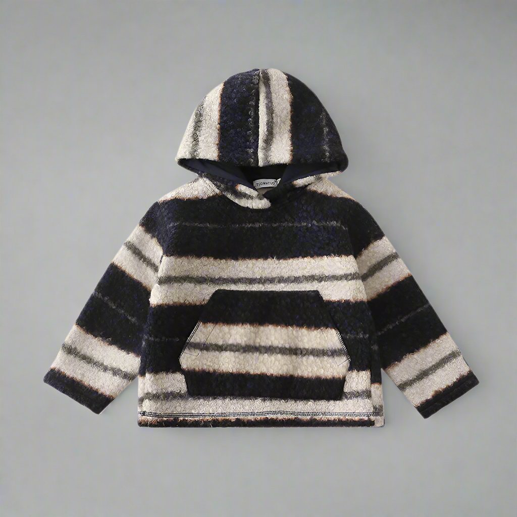 Father, mother, and child wearing matching striped hoodies