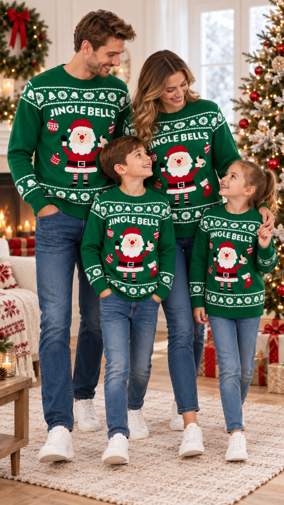 Pulls famille assortis Père Noël Jingle Bells — Maille verte de Noël