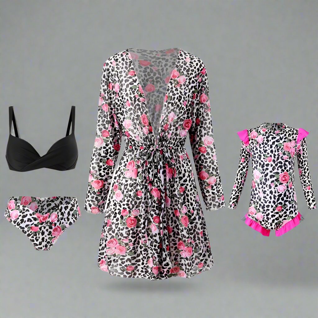 Chic Family Bonding - Mother & Daughter Matching Swimsuit Set with Long-Sleeved Cover-Up-dresslikemommy.com