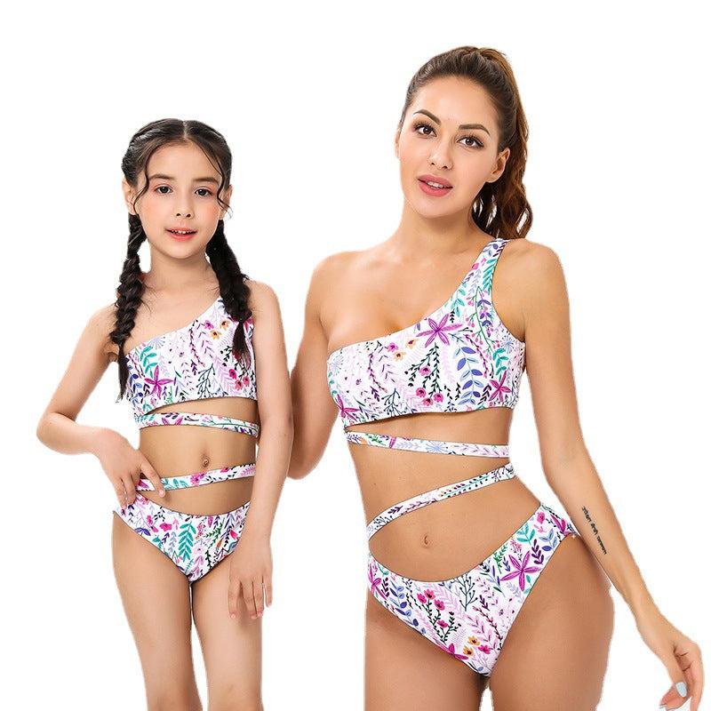 Chic Tropical One-Shoulder Ruffle Swimsuit Set for Mother and Daughter Vibrant Floral Pattern with Comfort Stretch-dresslikemommy.com