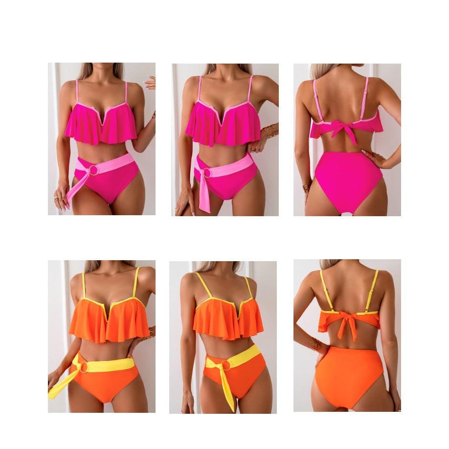 Chic Two-Piece Swimsuit Set Ruffle Detail Top and High-Waisted Bottoms in Four Vibrant Colors-dresslikemommy.com