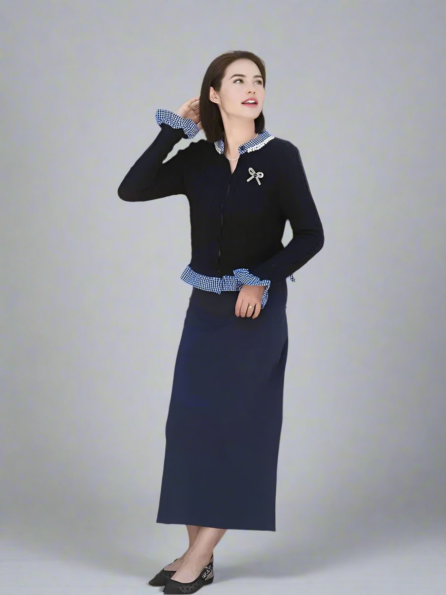 Classic navy blue matching outfits for mom and daughter with gingham trim on cardigans and skirts