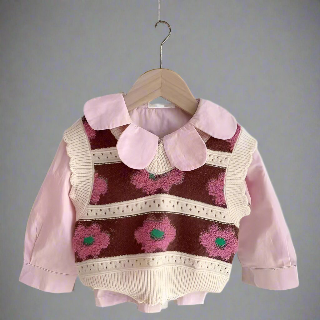 엄마와 딸을 위한 귀여운 매칭 꽃무늬 니트 조끼 세트, 핑크 꽃 디테일과 복고풍 스타일