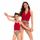 Elegant Tropical High-Waisted Swimsuit Set for Mother and Daughter Radiant Red Halter Neck Design-dresslikemommy.com
