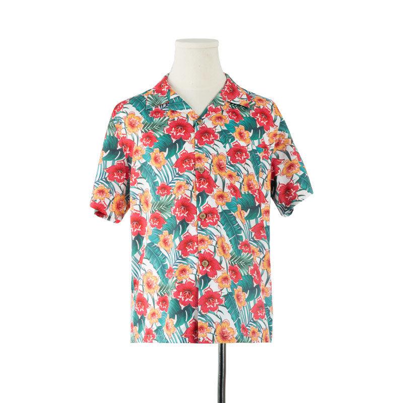 Close product view of family matching t-shirts with floral print