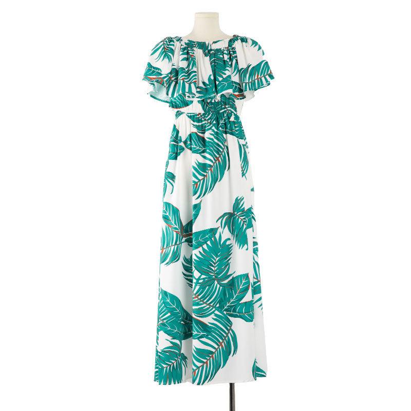 Extra image of family matching matching sets with white green tropical print