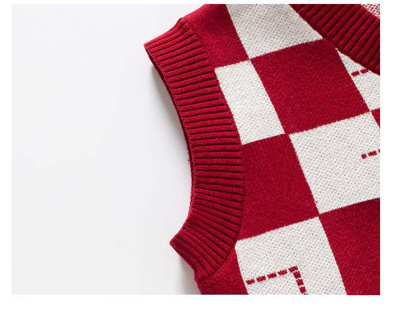 Cute bunny print family matching checkered sweater vest in red and white