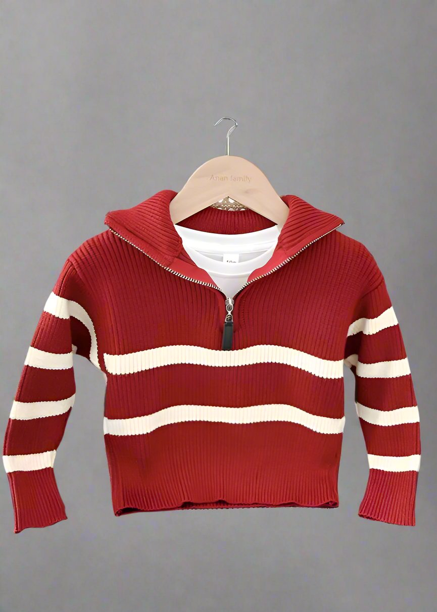 Family matching red half-zip sweaters with white stripes