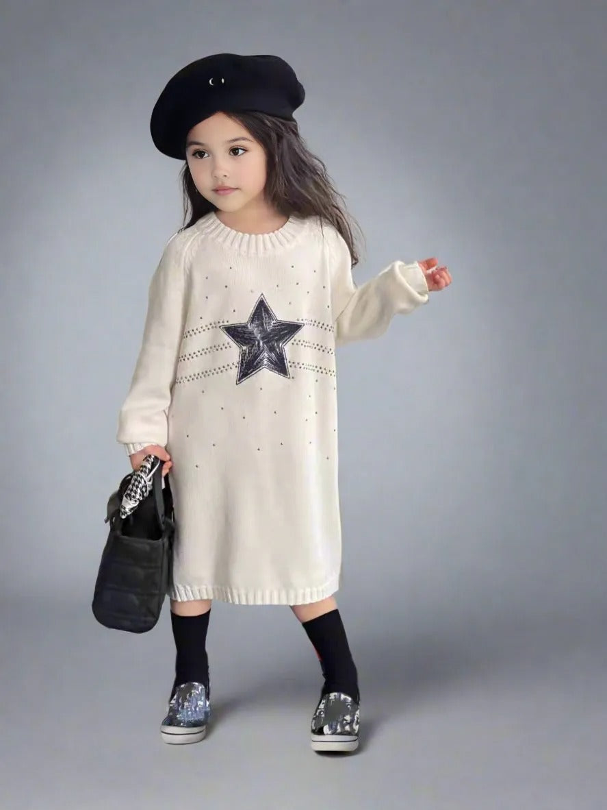 Matching mother and daughter cream sweater dresses with black star pattern, perfect for fall