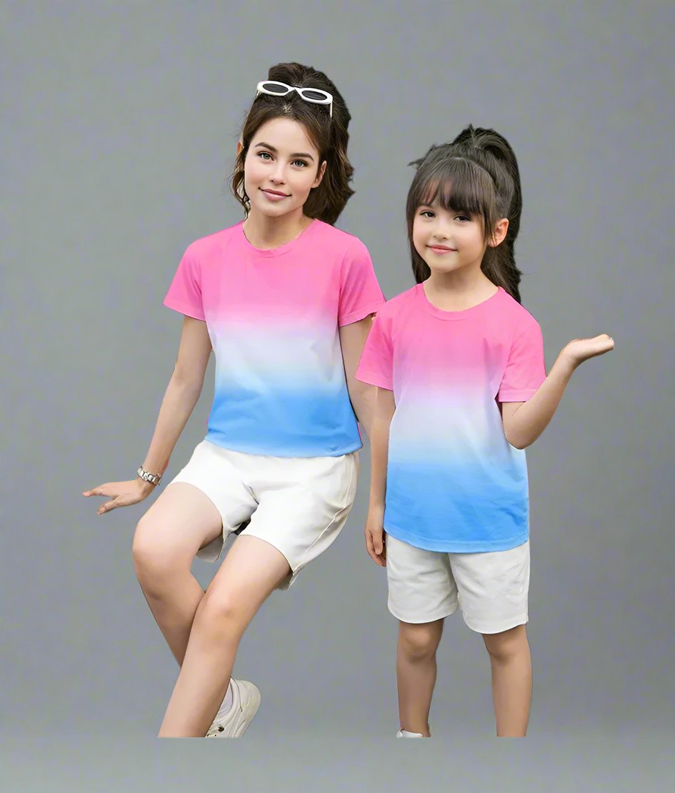 Matching family t-shirt and shorts set with pink-blue gradient