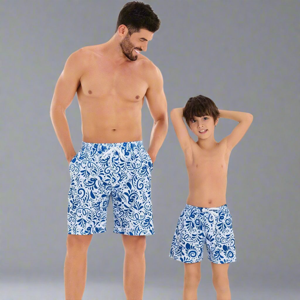 Father and Son Matching Swim Trunks - Elegant Blue and White Paisley Design, Quick Dry Beachwear-dresslikemommy.com