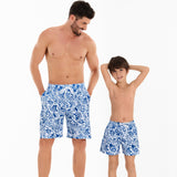 Father and Son Matching Swim Trunks - Elegant Blue and White Paisley Design, Quick Dry Beachwear-dresslikemommy.com