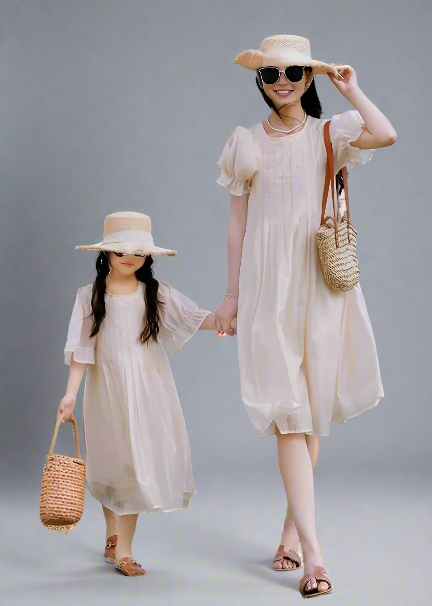 Mother-daughter beige flowy dress set with puff sleeves