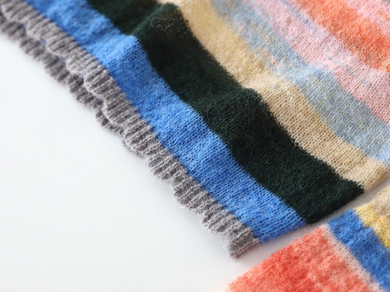 Matching parent-child pastel rainbow striped sweaters for family gatherings