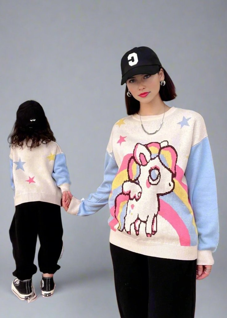 Adorable unicorn and rainbow knit sweaters for mother-daughter matching outfit