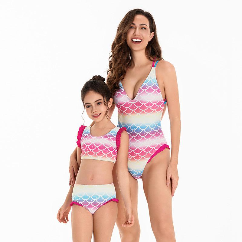 Mother & Daughter Pastel Mermaid Scales Swimsuit with Frill Detail-dresslikemommy.com