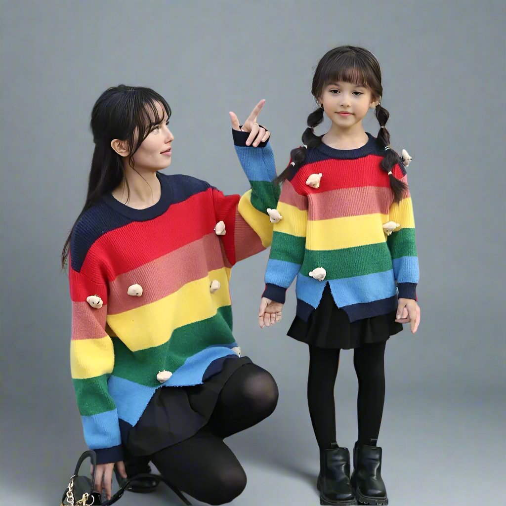 Mommy and Me Rainbow Knit Sweaters with Fun Bear Decorations