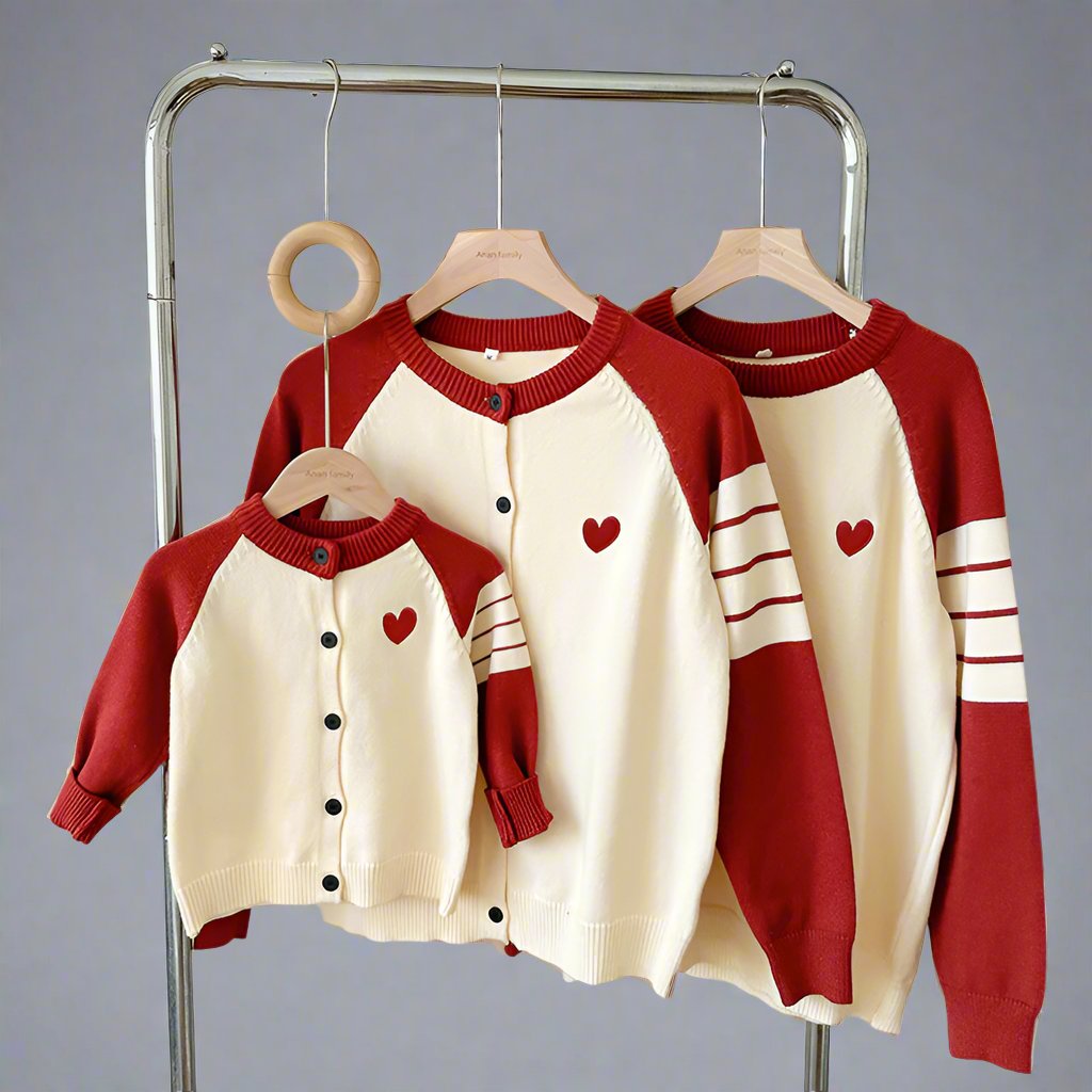 Family cream cardigans with heart accent, contrasting sleeves, and ribbed cuffs