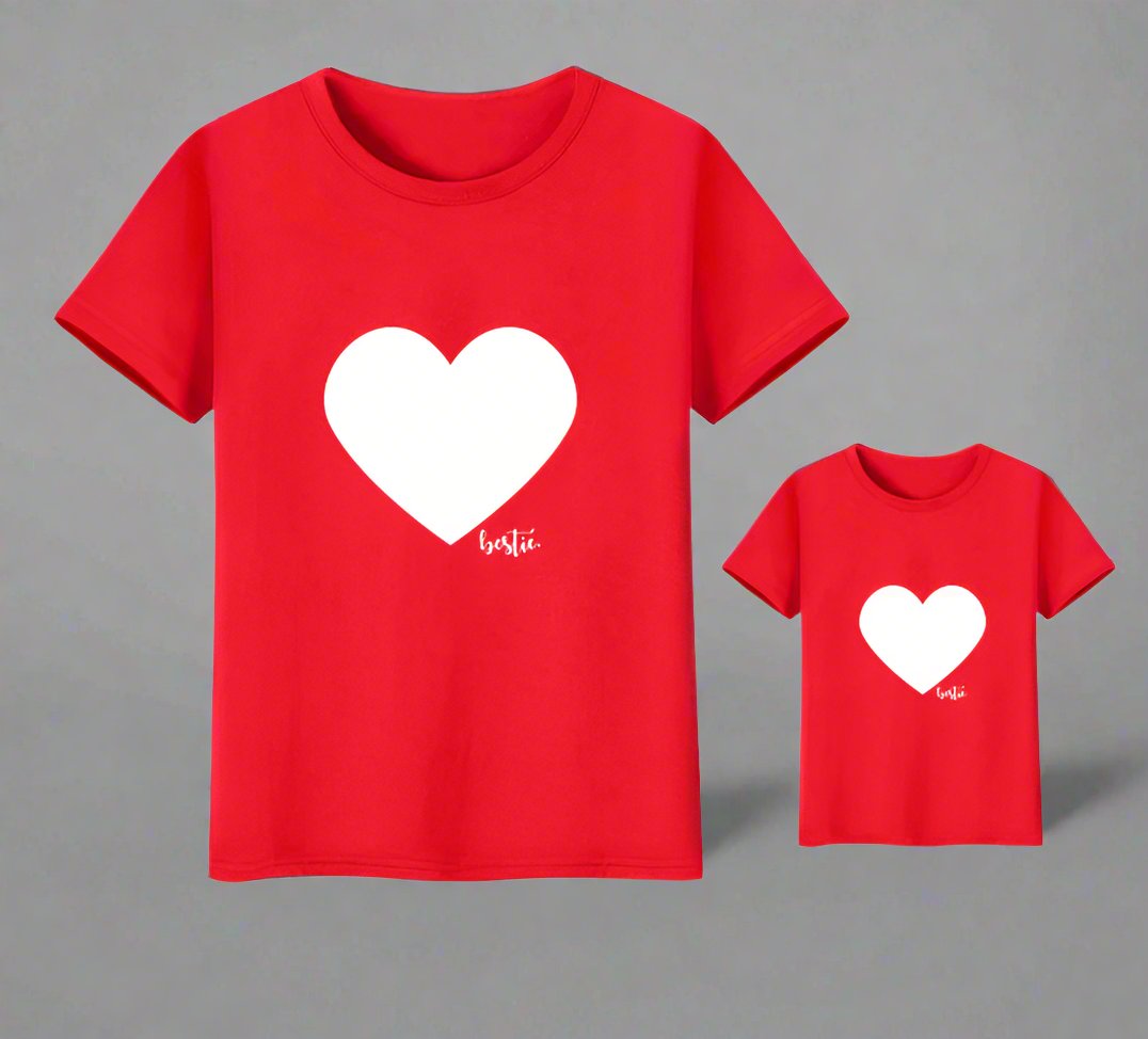 Family Matching "Bestie" Heart T-Shirt Set - Available in Red, White, and Black