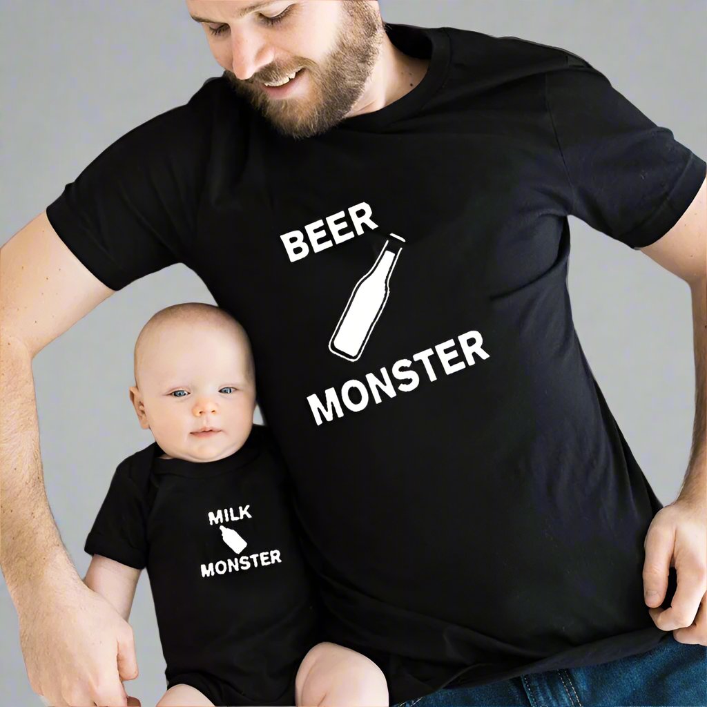 Father and baby wearing matching Beer Monster and Milk Monster shirts