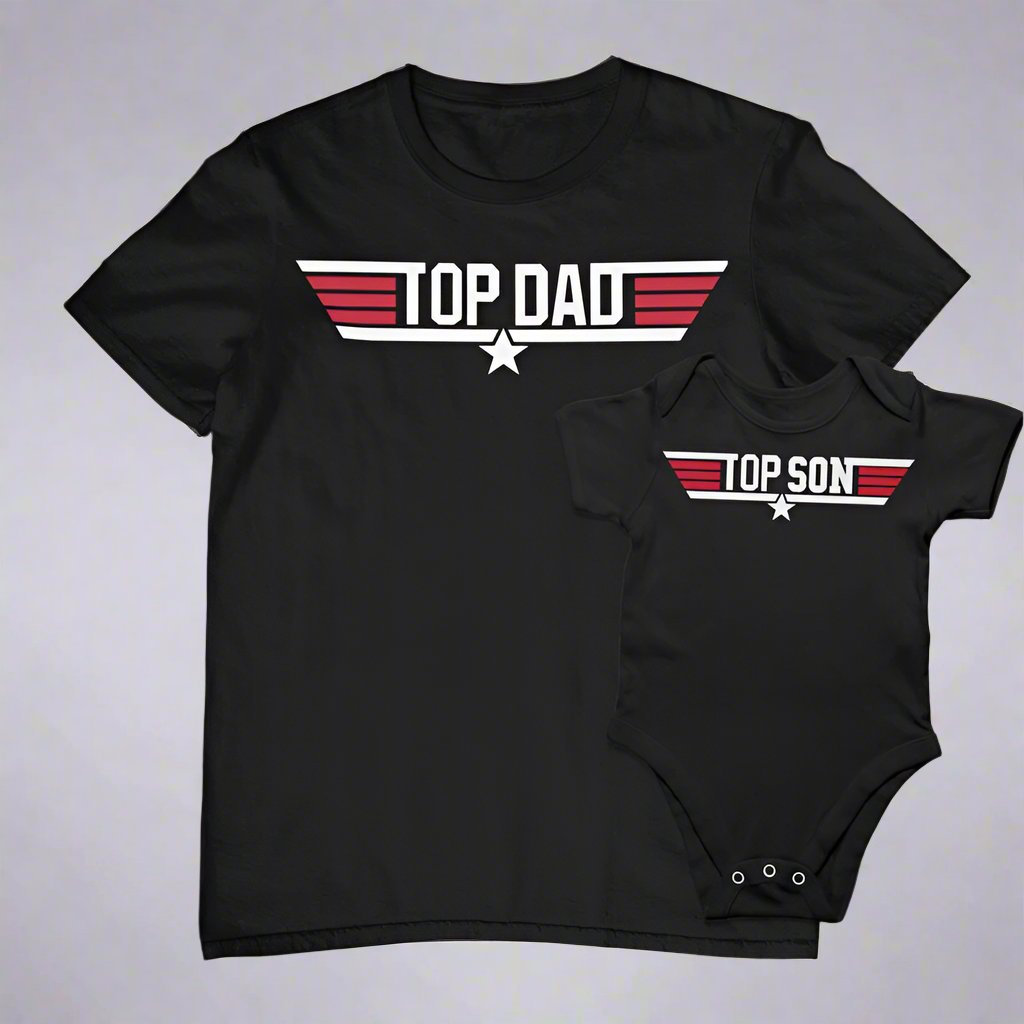 Top Dad T-shirt and Top Son baby onesie set in black with red and white military-inspired design