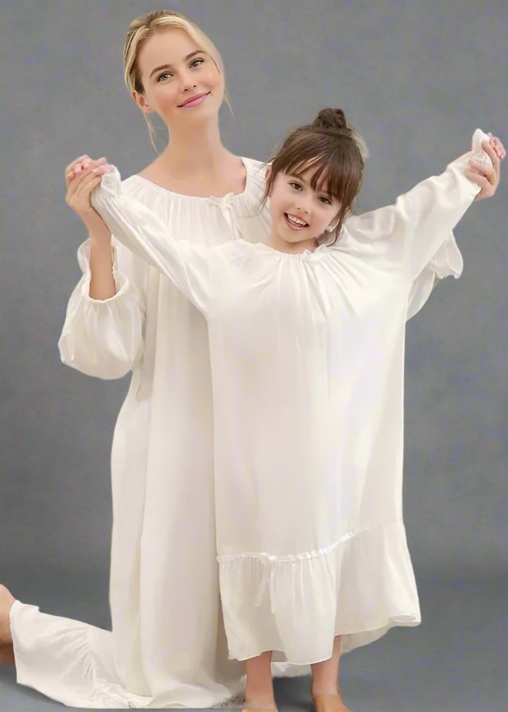 Vintage-inspired white matching nightgowns for mom and daughter with long sleeves