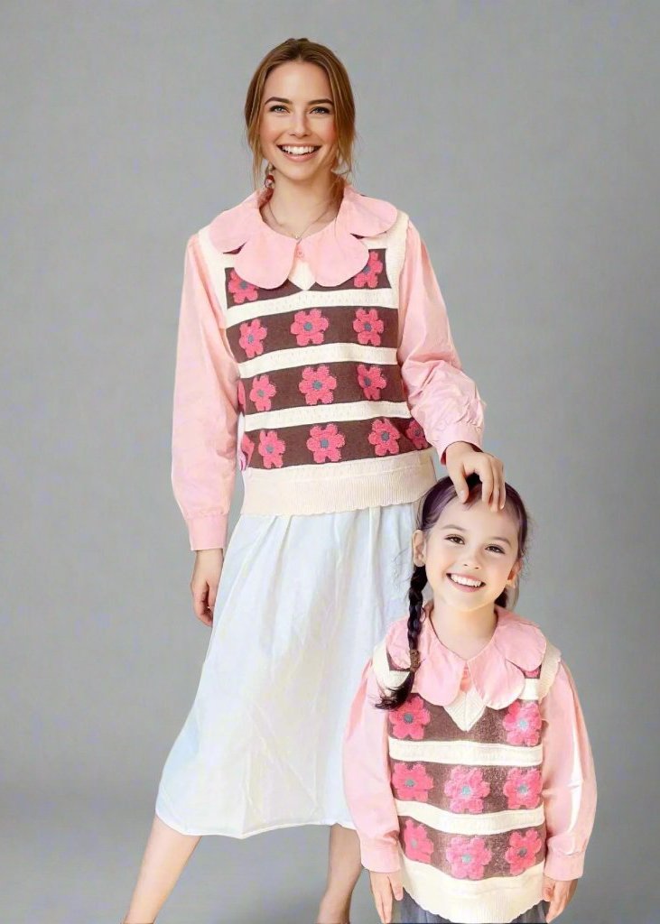 Mother and daughter wearing matching brown and pink floral knit vests with pink collared shirts