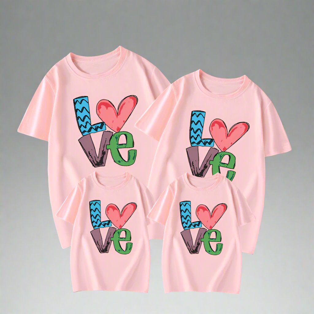 Love-themed family t-shirts set, with heart and bold letters, in multiple colors