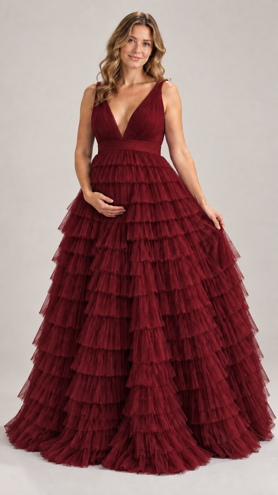 Deep-V Tiered Ruffle Tulle Maternity Photoshoot Gown in Burgundy