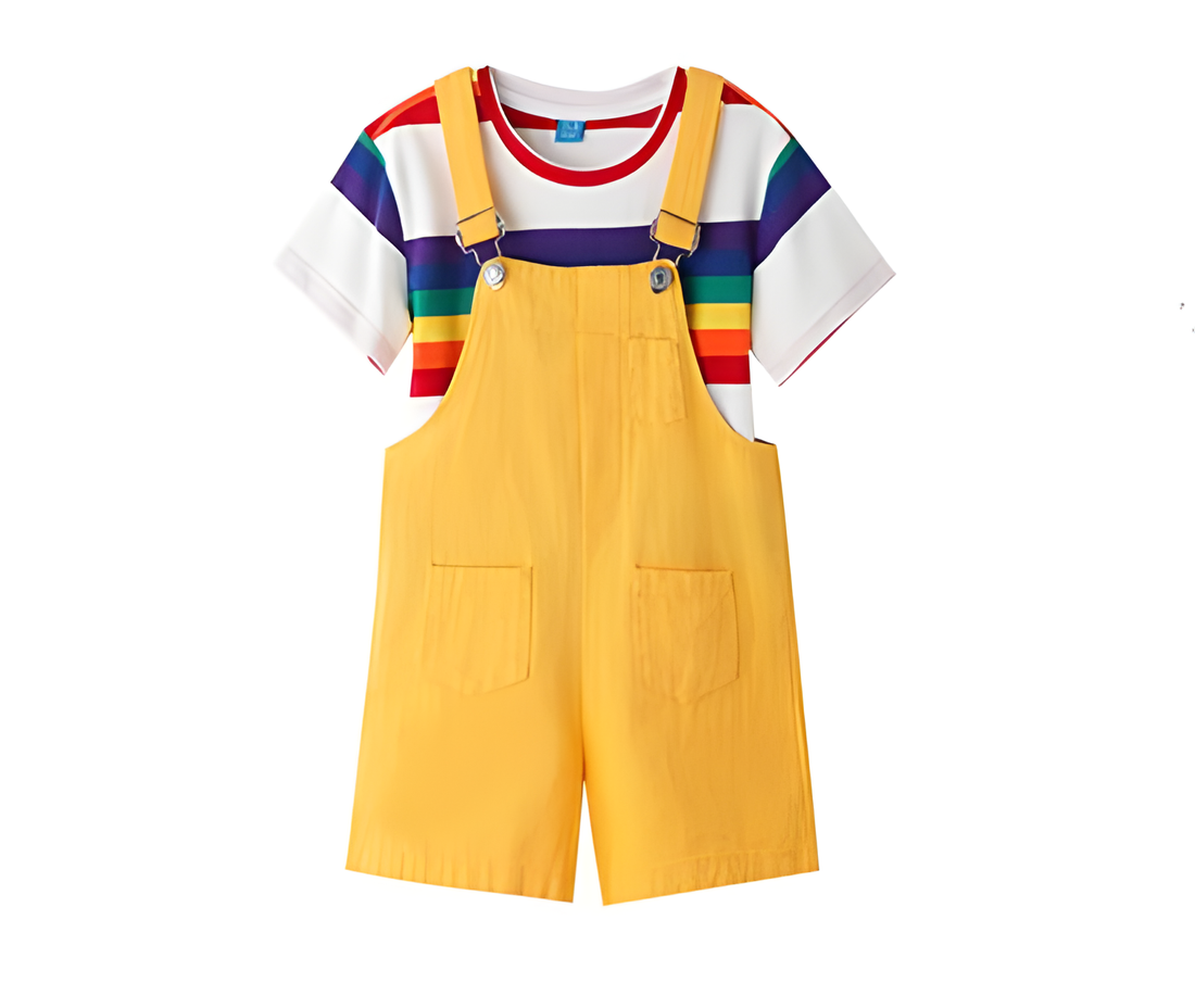 Family in coordinated rainbow-striped outfits with yellow overalls and shorts, a cheerful look for summer - matching top for family