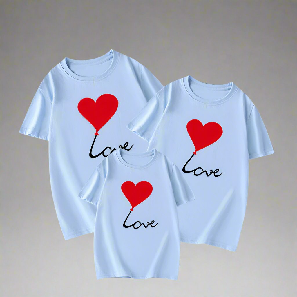 Colorful family love shirts with a red heart design, perfect for parents and kids