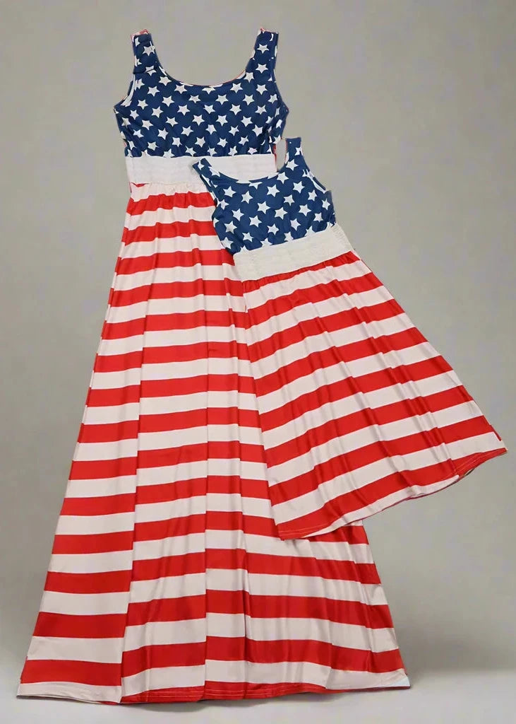 Stylish red, white, and blue matching dresses for mom and daughter, great for 4th of July celebrations