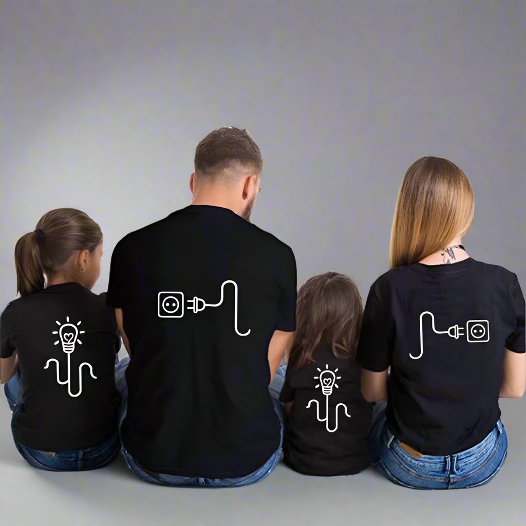 Family matching shirts with power plug design for parents and light bulb for kids, representing energy and connection