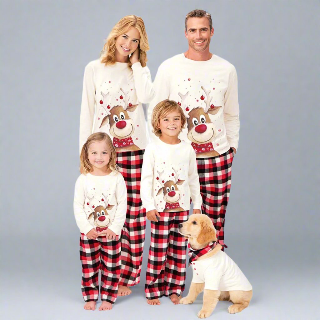 Matching Family Christmas Pajamas with Reindeer Print Plaid