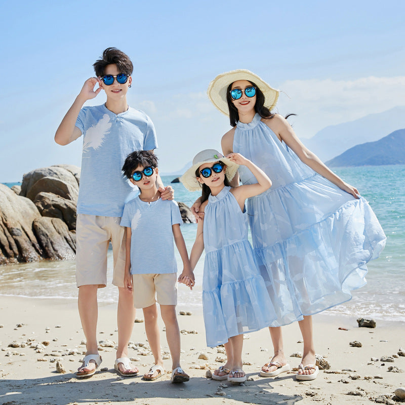 Elegant Matching Family Outfits Light Blue Halter Dresses \u0026 Casual T-s –  dresslikemommy.com