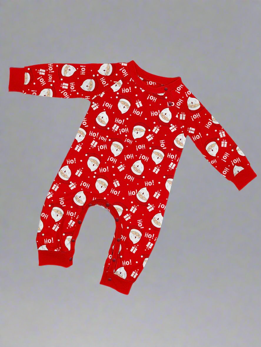 Matching Christmas pajama set for families featuring Santa Claus with 'Ho Ho Ho' and festive red designs