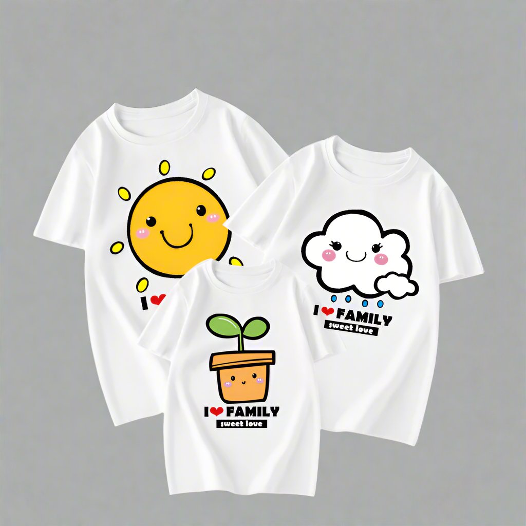 Sweet love family matching shirts with I love family text and nature graphics in multiple color