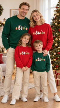 Family in matching red and green Christmas crewneck sweatshirts with a row of Santa, snowman, reindeer, and tree prints.