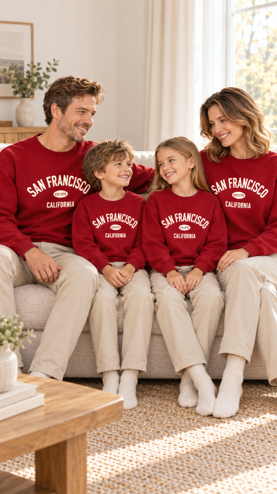 Family relaxing together at home in matching San Francisco sweatshirts.