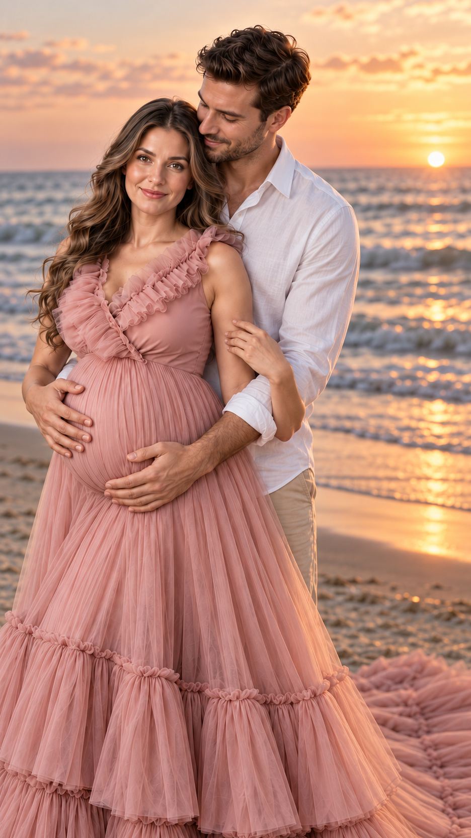 Expecting mother in a dusty rose ruffled tulle maternity gown with her partner