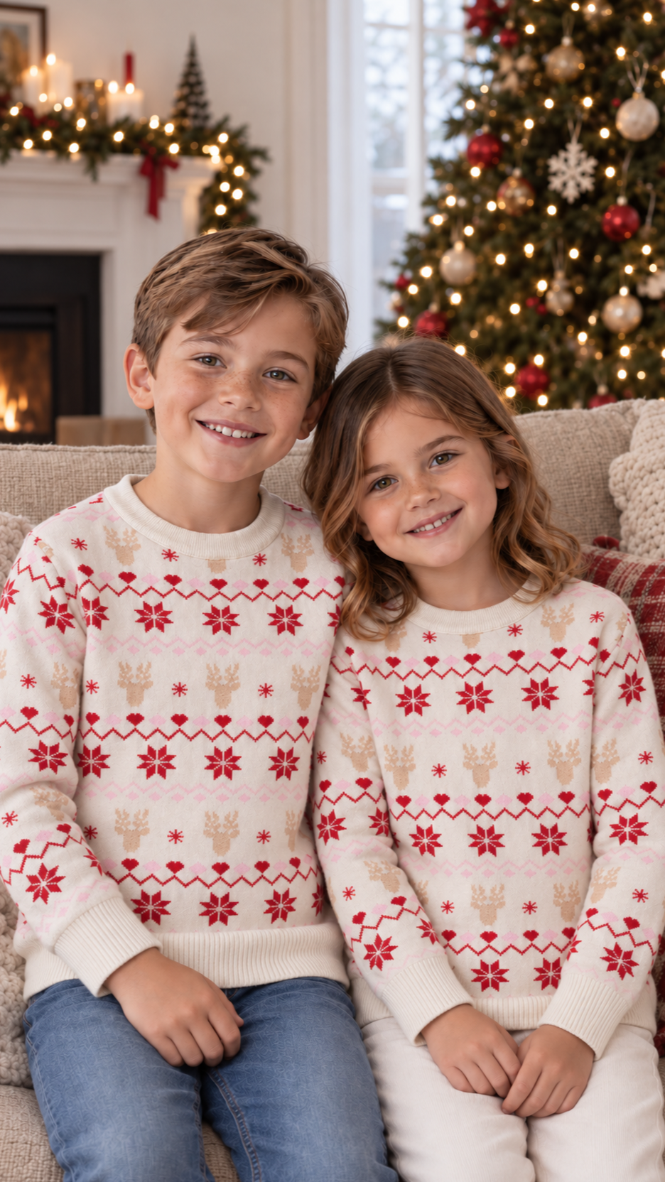 Brother and sister sitting together in matching Nordic hearts Christmas sweaters.