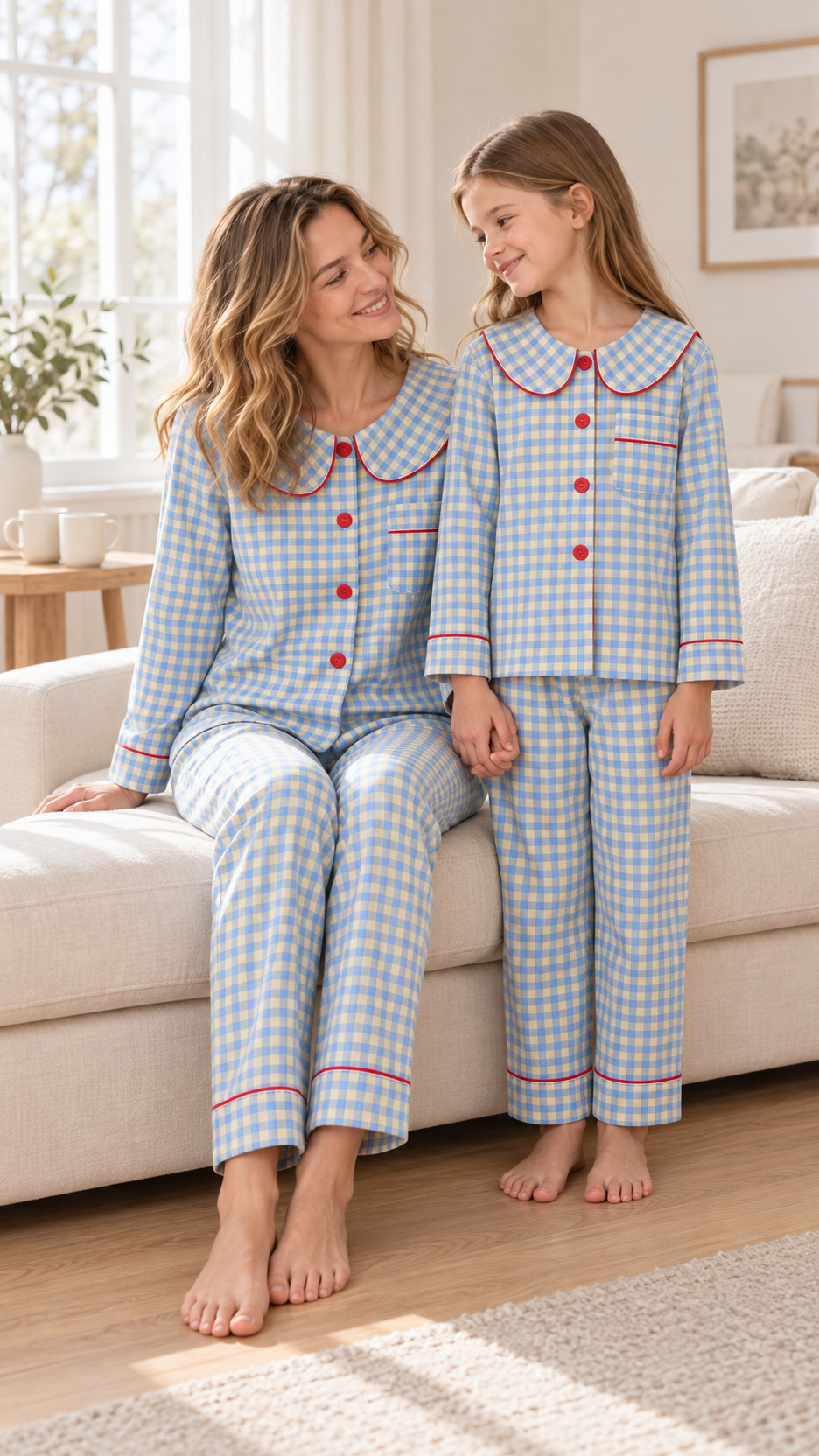 Family relaxing together at home in matching Blue Gingham Collar Christmas pajamas.