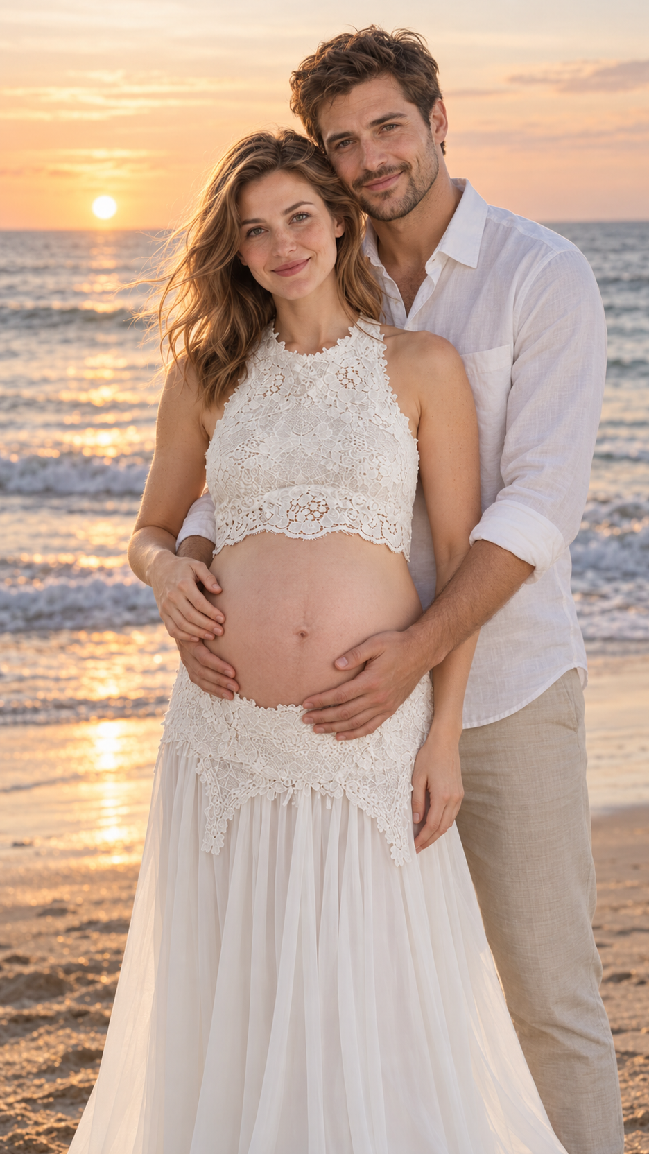 Expecting mother in a white lace top and flowing skirt maternity set with her partner