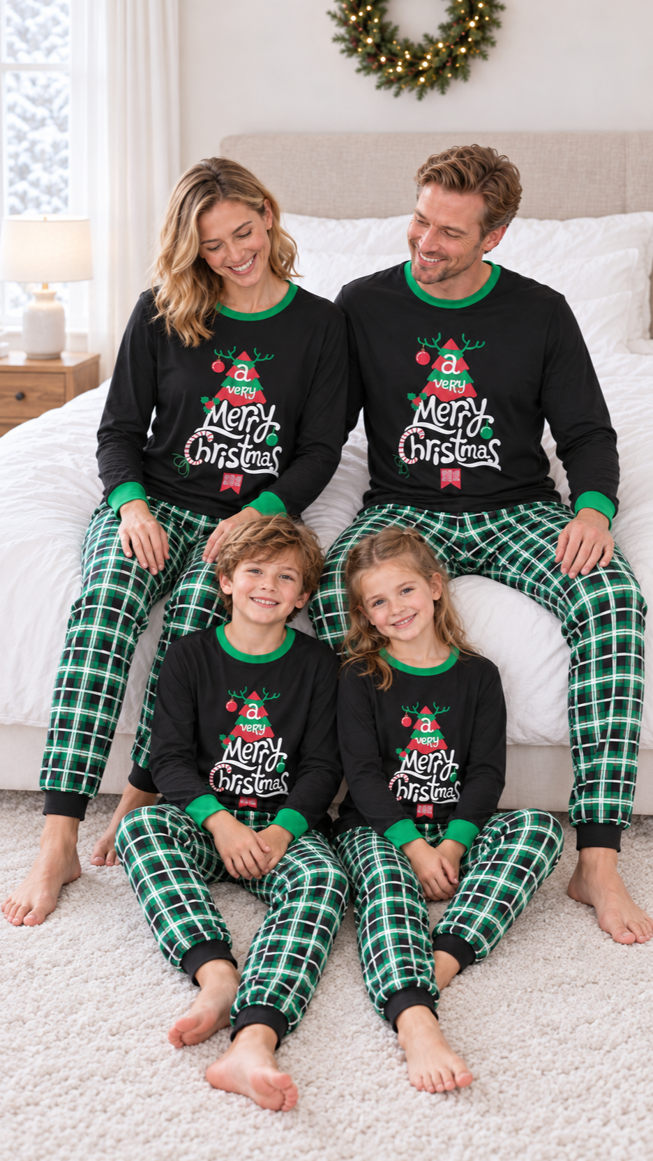 Family relaxing together at home in matching Green Plaid Merry Tree Christmas pajamas.