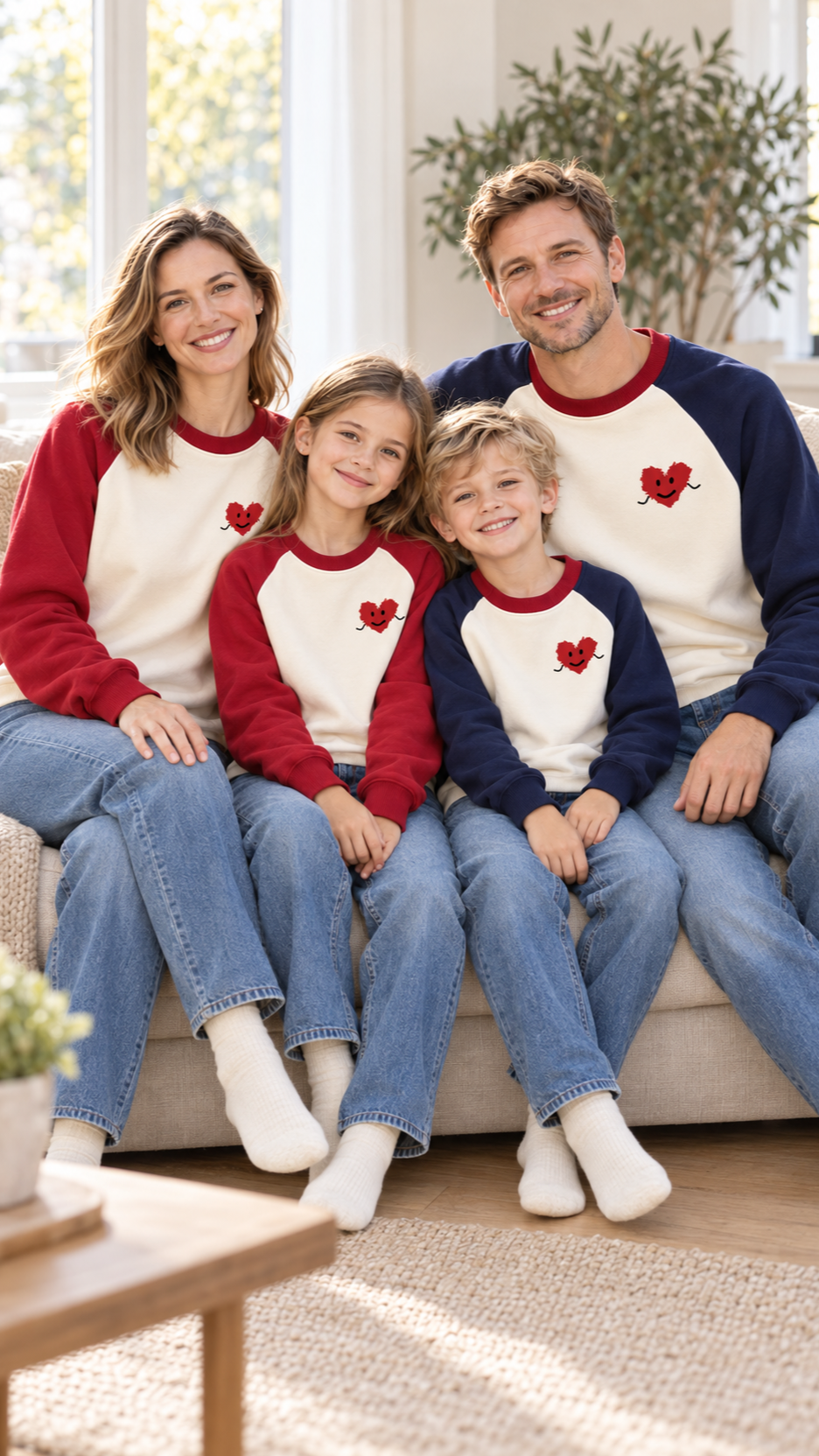 Family relaxing together at home in matching Smiley Heart sweatshirts.