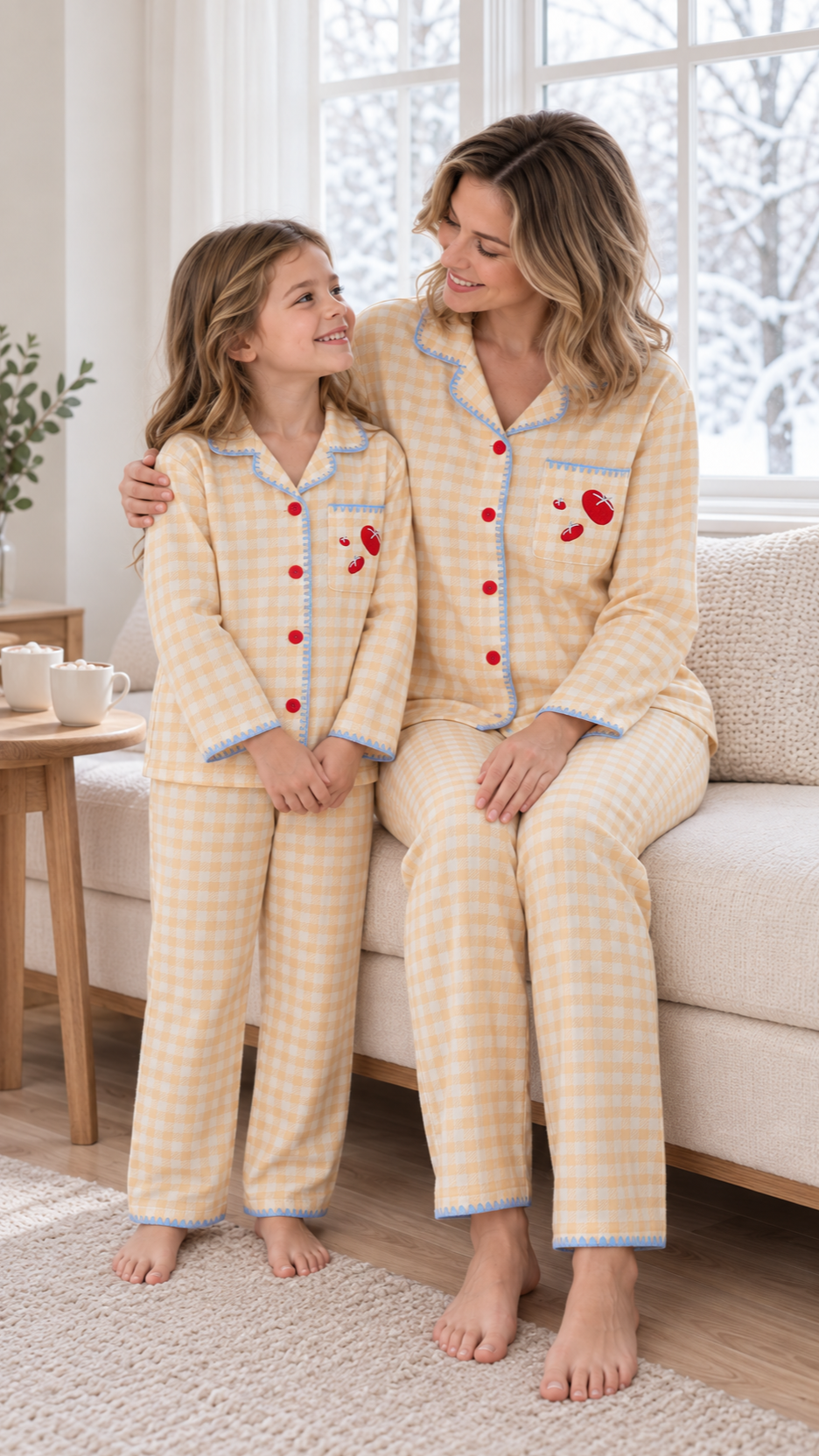 Family relaxing together at home in matching Tomato Gingham Christmas pajamas.
