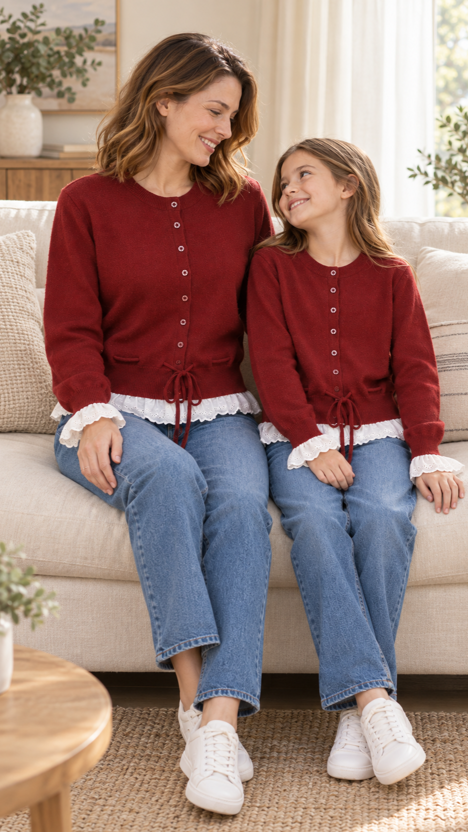 Mom and daughter relaxing together at home in matching Burgundy Ruffle knit sweaters.