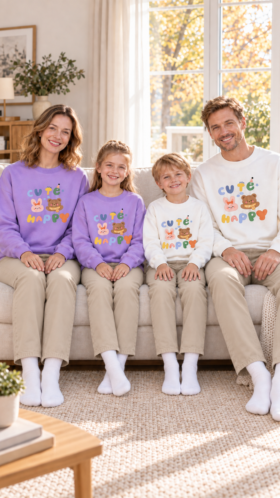 Family relaxing together at home in matching Cute Happy Bunny Bear sweatshirts.