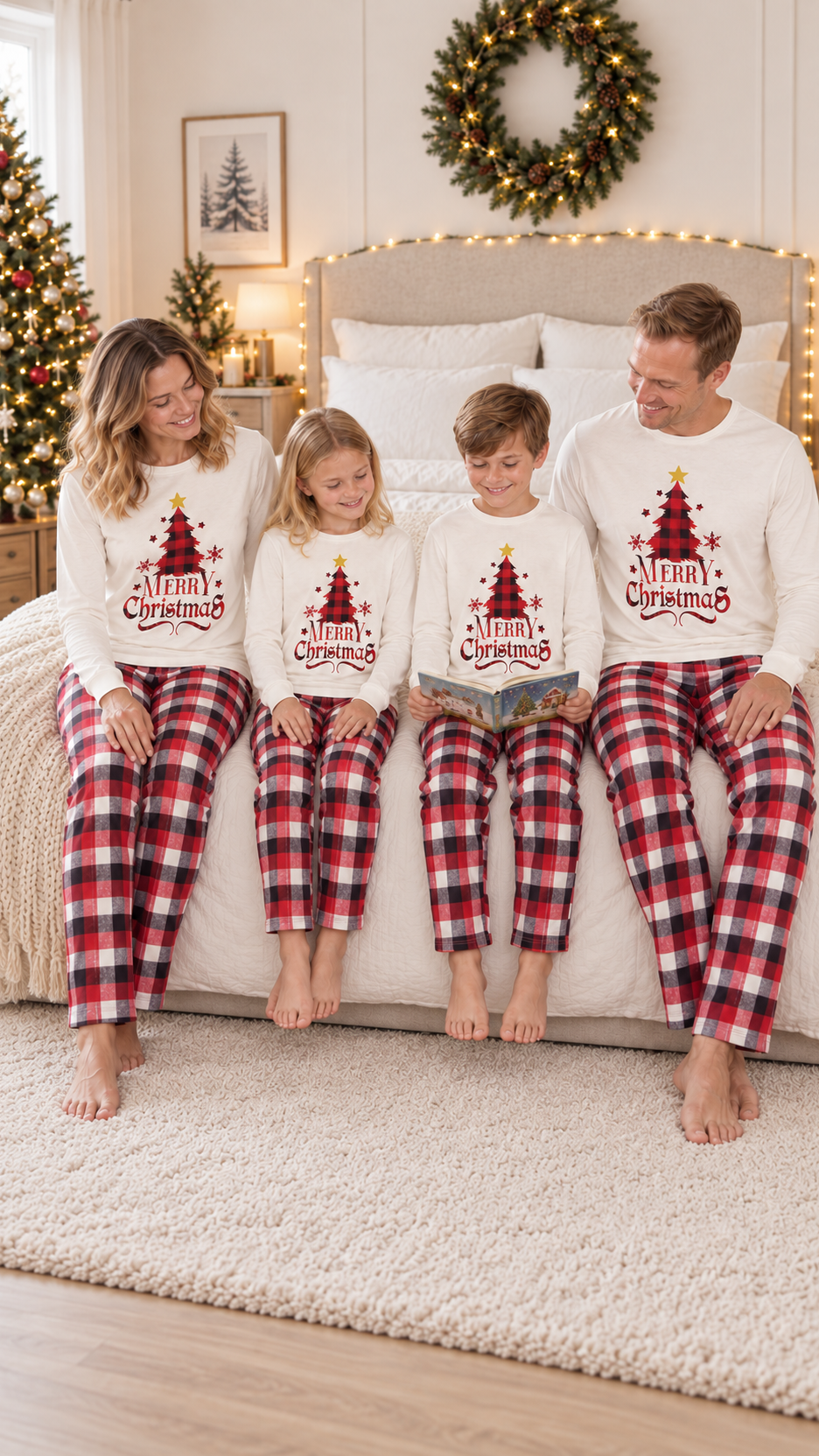 Family relaxing together at home in matching Buffalo Plaid Tree Christmas pajamas.